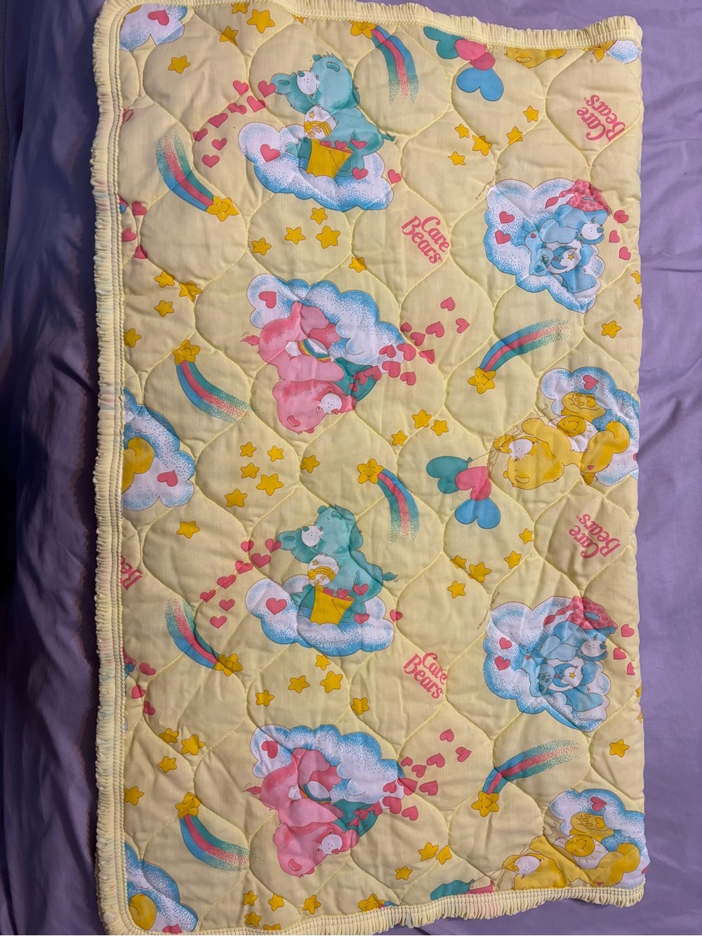 Care Bears Yellow Quilted Baby Blanket - Cute Hearts & Rainbows